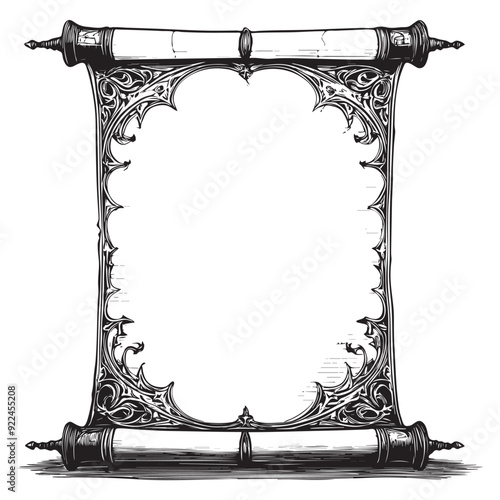 Monochrome Halloween scroll with bat-like extensions and spiderweb details
