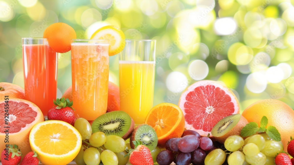 A Colorful Arrangement of Fresh Fruits and Juices A Colorful Arrangement of Fresh Fruits and Juices