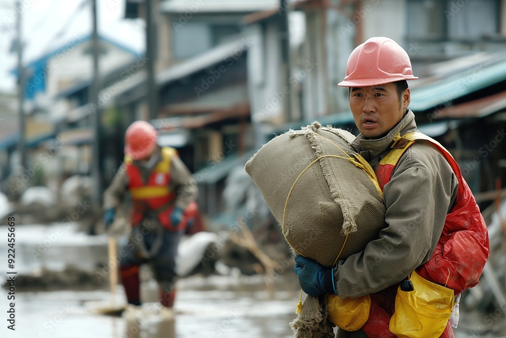 A man in a red hard hat carries a heavy sack after a natural disaster. A man in a red hard hat carries a heavy sack after a natural disaster.