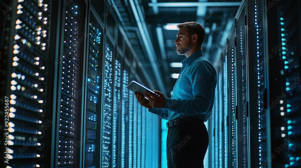 Fototapeta premium Network administrator working in massive data centers filled with rows of servers as blinking light indicate constant processing. Cloud computing solutions support Artificial Intelligence processing.