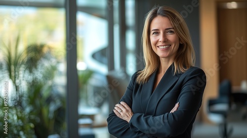 portrait of Happy cheerful professional middle aged business woman corporate leader, smiling positive mature female executive manager standing in office arms crossed looking at camera.
