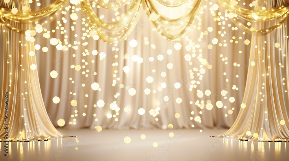 A light beige background with gold bokeh lights and curtains. A light beige background with gold bokeh lights and curtains.