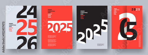 Creative concept of 2025 Happy New Year posters set. Design templates with typography logo 2025 for celebration and season decoration. Minimalistic trendy backgrounds for branding, banner, cover, card