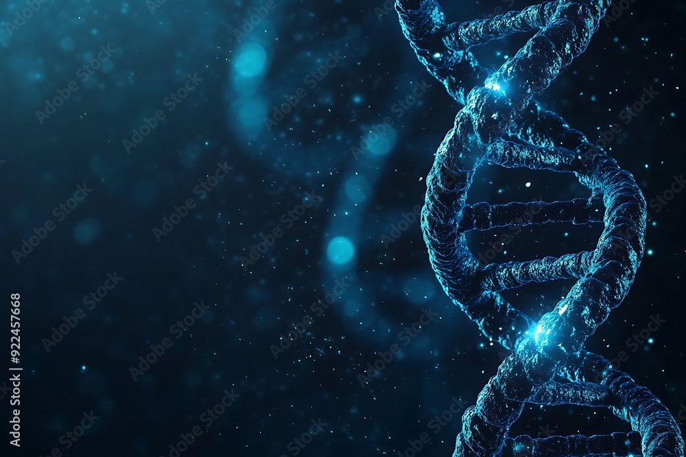 Obraz premium Detailed Blue DNA Double Helix on Dark Background in High Resolution 8K