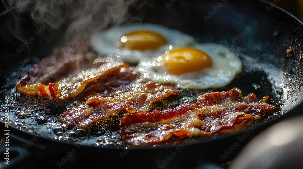 This image shows bacon and eggs frying together in a pan, with steam ...