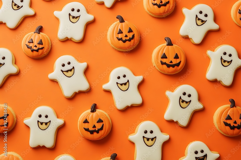 Fototapeta premium Spooky Halloween Pattern with Smiling Ghosts, Pumpkins, and Pumpkin Cookies on Orange Background, Cute Illustration