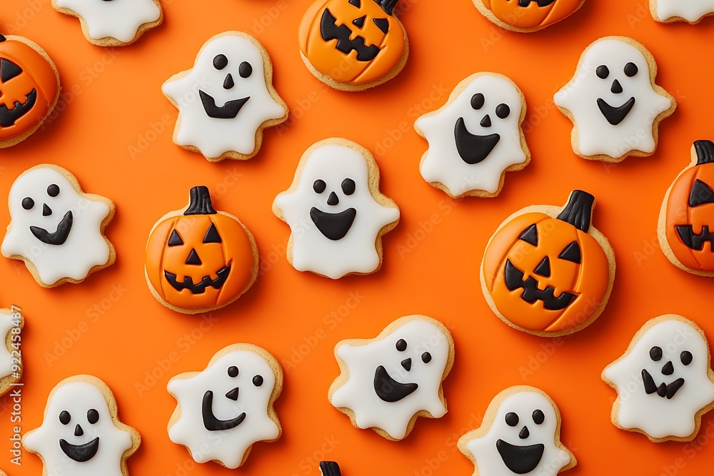 Spooky Halloween Pattern with Smiling Ghosts, Pumpkins, and Pumpkin Cookies on Orange Background - Festive Illustration Spooky Halloween Pattern with Smiling Ghosts, Pumpkins, and Pumpkin Cookies on Orange Background - Festive Illustration