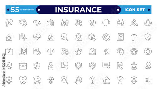 Insurance icon collection. Related to healthcare medical, life, car, home, travel insurance icons. Editable stroke outline icon. 