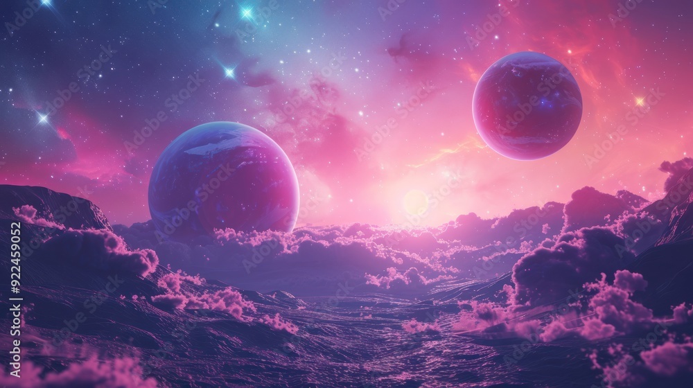 Detailed view of planets with colorful atmospheres (copy space, extraterrestrial scene, dynamic, Double exposure, Open field) Detailed view of planets with colorful atmospheres (copy space, extraterrestrial scene, dynamic, Double exposure, Open field)