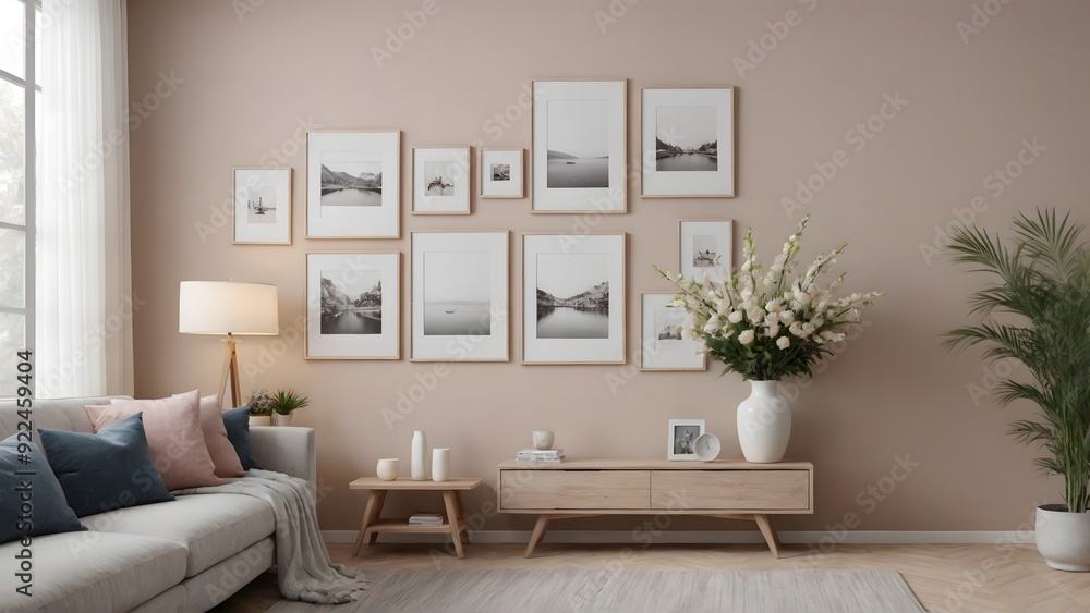 Empty photo frames on or against the wall in the Living room interior design 3d illustration template. Decorative items near around the poster frame. Empty photo frames on or against the wall in the Living room interior design 3d illustration template. Decorative items near around the poster frame.