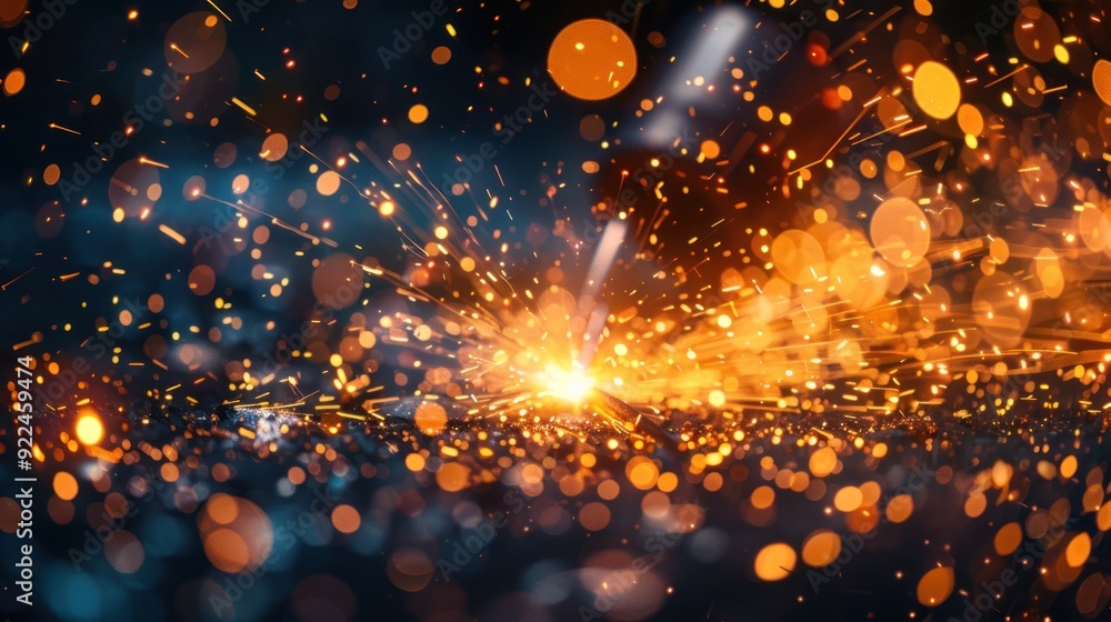 Detailed view of welding sparks against dark background (copy space, craftsmanship excellence, dynamic, Double exposure, Workshop)