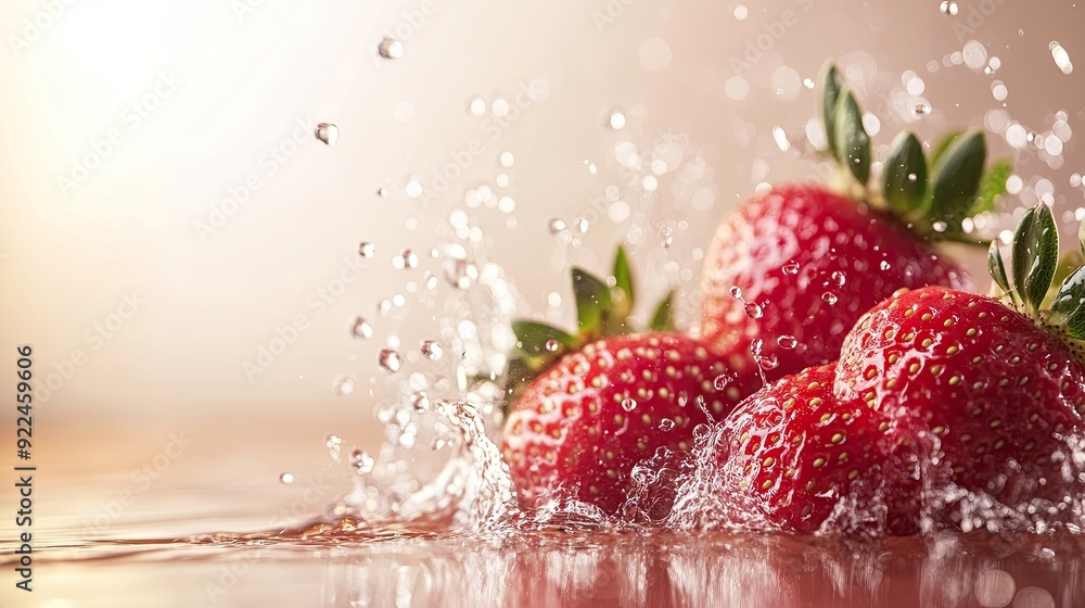 Fresh strawberries splashing in water, with ample space for branding or text on the right Fresh strawberries splashing in water, with ample space for branding or text on the right