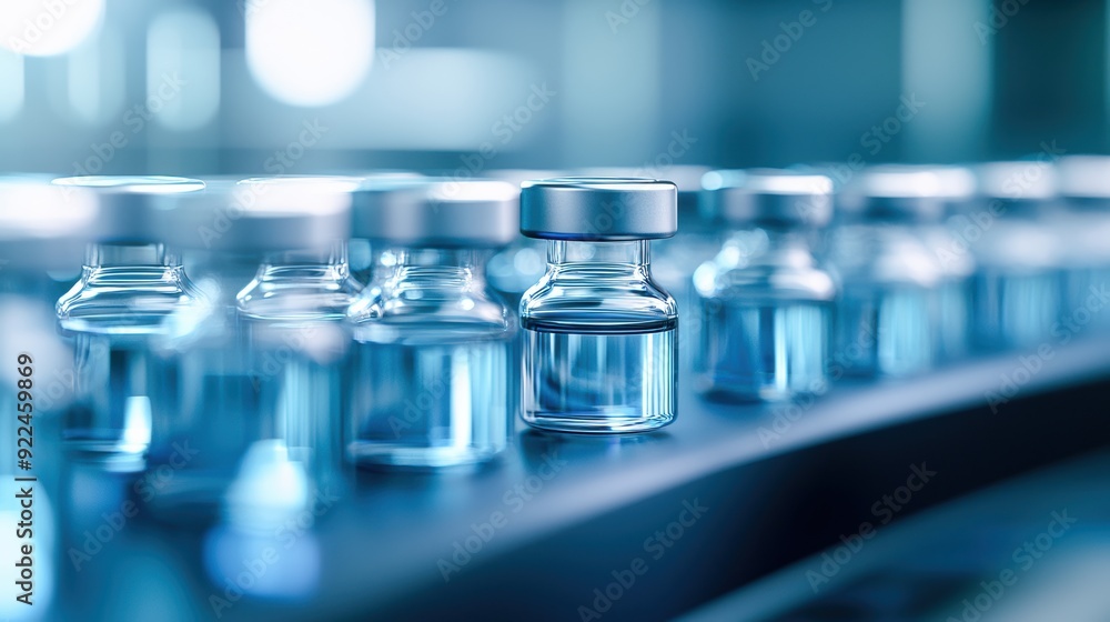 Close-up of a high-tech vaccine production line, set in a sleek factory with clean and crisp lighting Close-up of a high-tech vaccine production line, set in a sleek factory with clean and crisp lighting