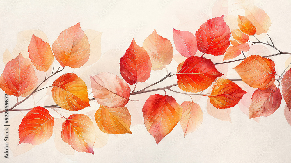 Red, orange, yellow leaves hang from a red branch against a white background Red, orange, yellow leaves hang from a red branch against a white background