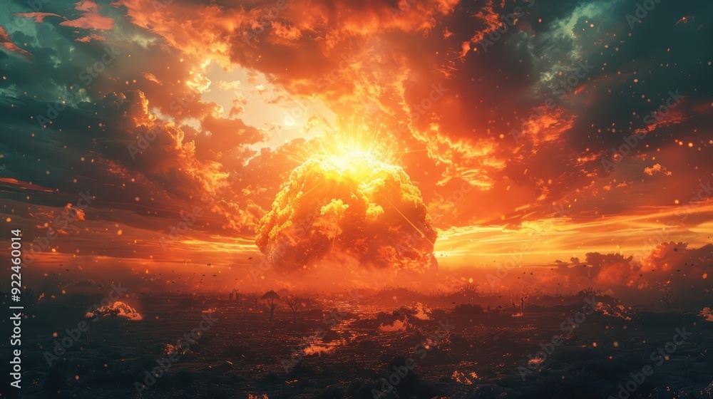 Dramatic explosion under a fiery sky (focus on, cataclysmic event, dynamic, Overlay, Ruined landscape) Dramatic explosion under a fiery sky (focus on, cataclysmic event, dynamic, Overlay, Ruined landscape)