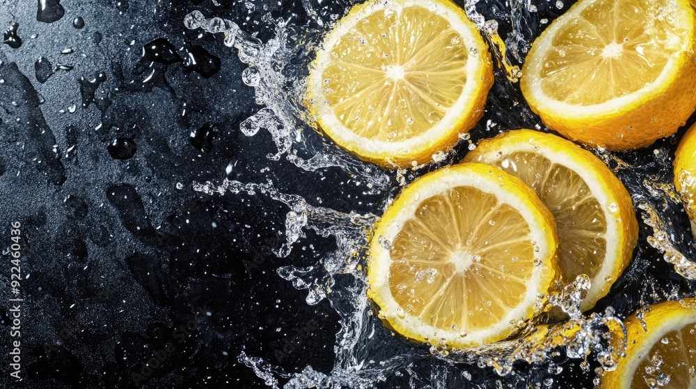Freshly sliced lemons with splashes of water, top view. Ample copy space on the botto Freshly sliced lemons with splashes of water, top view. Ample copy space on the botto