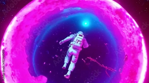 An astronaut walking through a luminescent colorful gate to an alien planet , new universe find portal cosmic , galaxy , neon pinp , science fiction