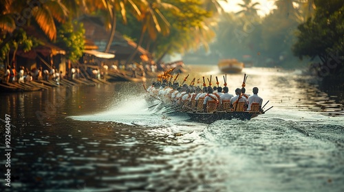 onam boat race during onam festival india, realistic minimalistic photo in warm colors
