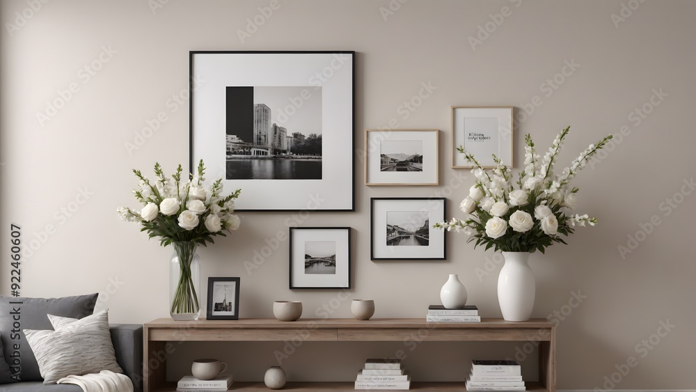 Empty photo frames on or against the wall in the Living room interior design 3d illustration template. Decorative items near around the poster frame. Empty photo frames on or against the wall in the Living room interior design 3d illustration template. Decorative items near around the poster frame.
