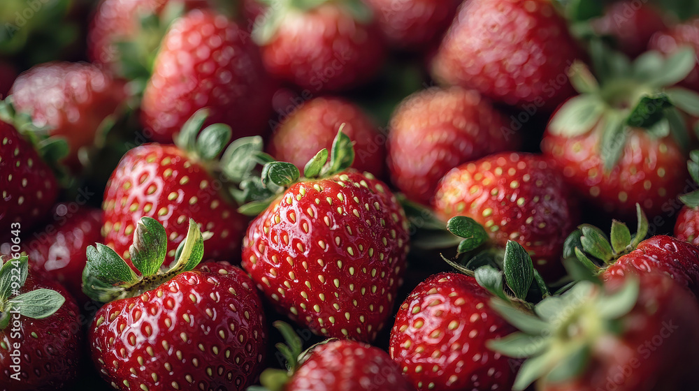 A close-up image of fresh, ripe strawberries with green leaves, displaying their vibrant red color and natural textures, perfect for depicting the freshness and appeal of berry fruits. A close-up image of fresh, ripe strawberries with green leaves, displaying their vibrant red color and natural textures, perfect for depicting the freshness and appeal of berry fruits.