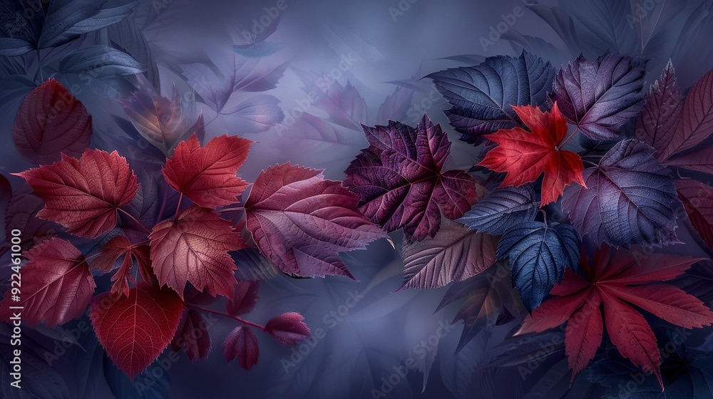 A cluster of red and purple foliage against a dark backdrop with a contrasting blue background and overlapping red and purple tones A cluster of red and purple foliage against a dark backdrop with a contrasting blue background and overlapping red and purple tones