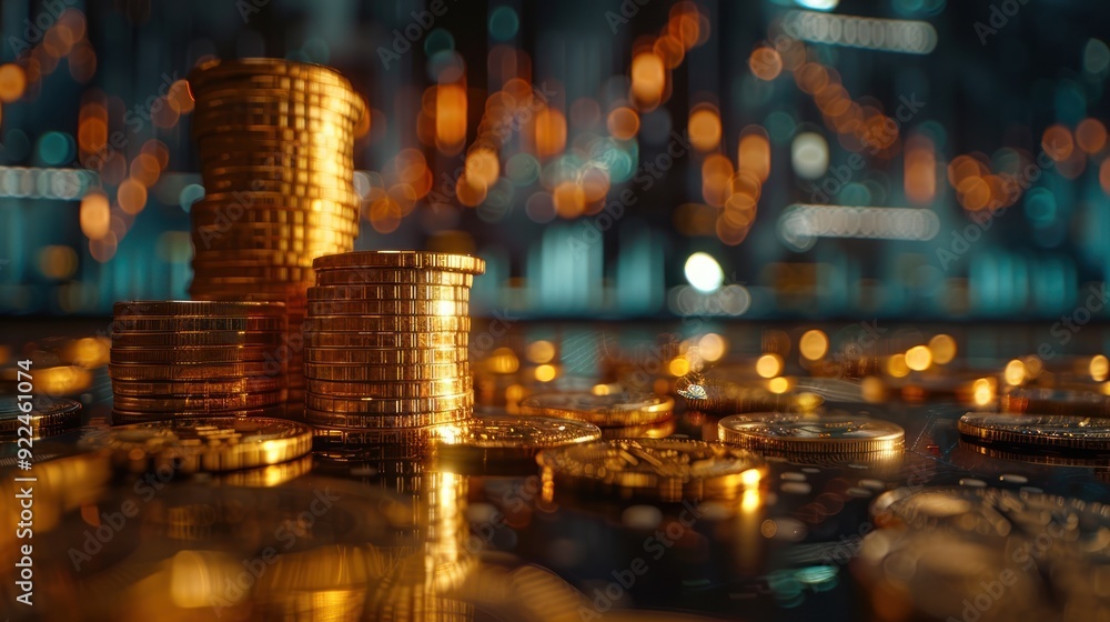 Gold coins reflecting market trends (focus on, investment themes, vibrant, Overlay, Stock ticker screen) Gold coins reflecting market trends (focus on, investment themes, vibrant, Overlay, Stock ticker screen)