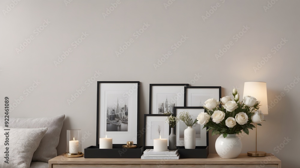Empty photo frames on or against the wall in the Living room interior design 3d illustration template. Decorative items near around the poster frame. Empty photo frames on or against the wall in the Living room interior design 3d illustration template. Decorative items near around the poster frame.