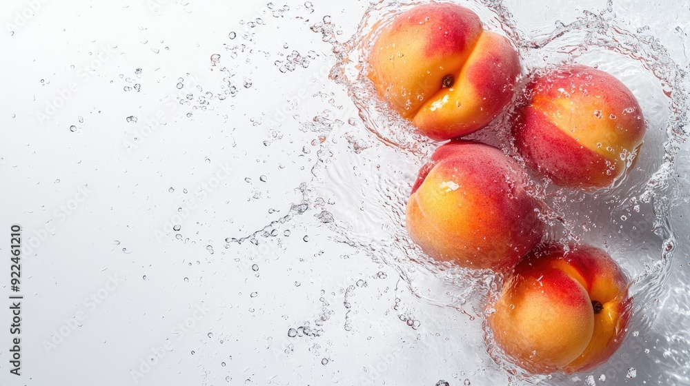 Juicy peaches with splashes of water from above, with ample copy space on the righ Juicy peaches with splashes of water from above, with ample copy space on the righ