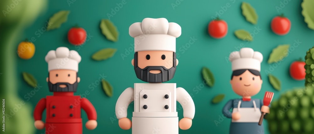 Fototapeta premium Vibrant Cartoon Restaurant Scene with Animated Chefs and Diners in , Copy Space for Text, Grunge Splash Effects