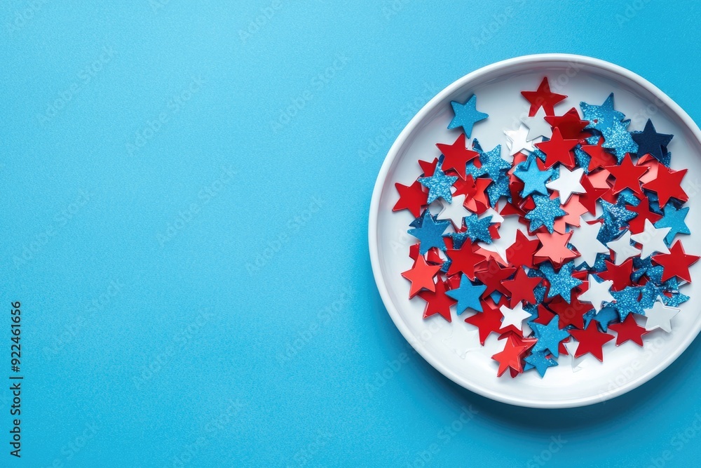 Memorial Day Flat Lay. USA Independence Day Concept with Red, White and Blue Star Confetti in Plate Shape of Star on Blue Background Memorial Day Flat Lay. USA Independence Day Concept with Red, White and Blue Star Confetti in Plate Shape of Star on Blue Background