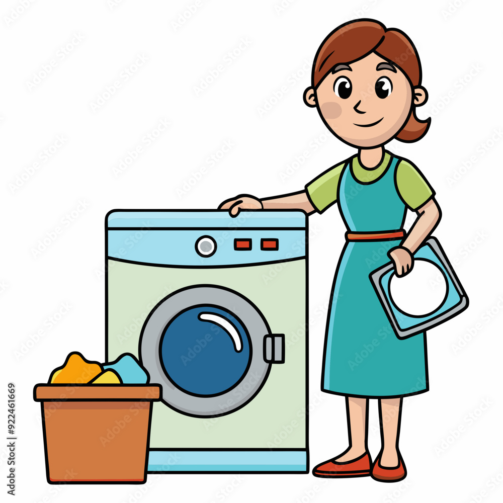 Mom uses washing machine art vector illustration Mom uses washing machine art vector illustration