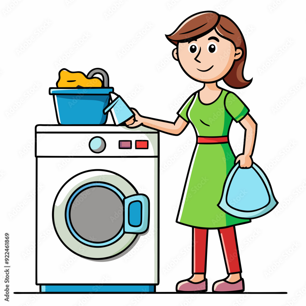 Mom uses washing machine art vector illustration Mom uses washing machine art vector illustration