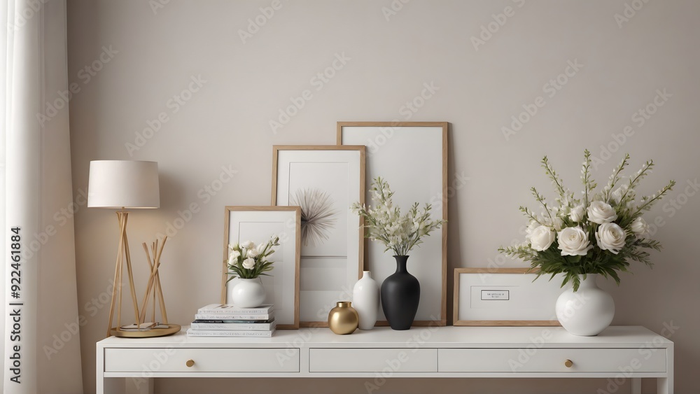 Empty photo frames on or against the wall in the Living room interior design 3d illustration template. Decorative items near around the poster frame. Empty photo frames on or against the wall in the Living room interior design 3d illustration template. Decorative items near around the poster frame.