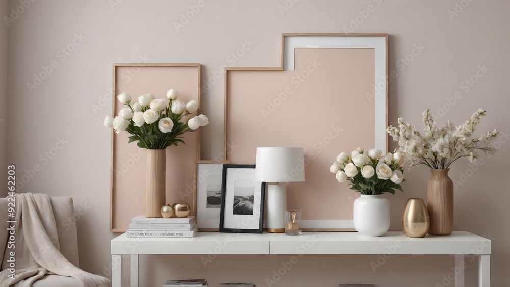 Empty photo frames on or against the wall in the Living room interior design 3d illustration template. Decorative items near around the poster frame. Empty photo frames on or against the wall in the Living room interior design 3d illustration template. Decorative items near around the poster frame.