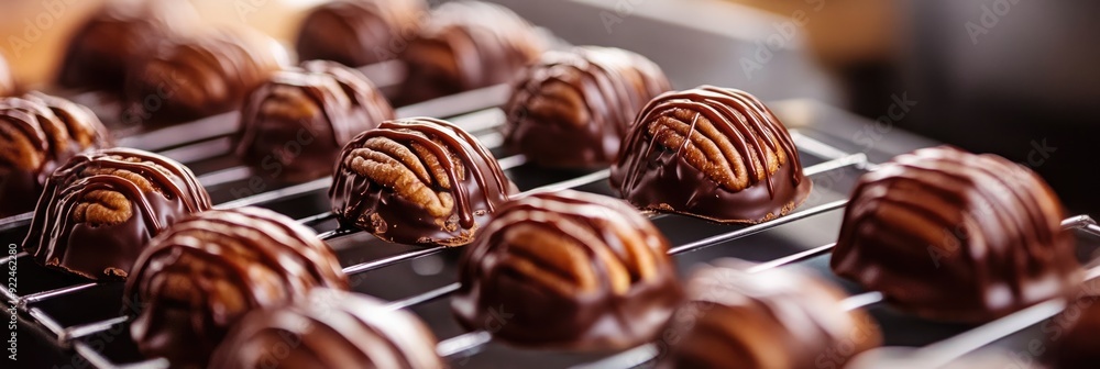 Pecan Candy. Making Pralines at Candy Store with Brown Chocolate and Cocoa Pecan Candy. Making Pralines at Candy Store with Brown Chocolate and Cocoa