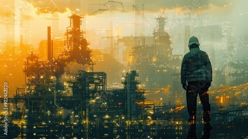 Wallpaper Mural Man in protective gear with large plant structures (copy space, industrial safety, dynamic, Double exposure, Power plant) Torontodigital.ca