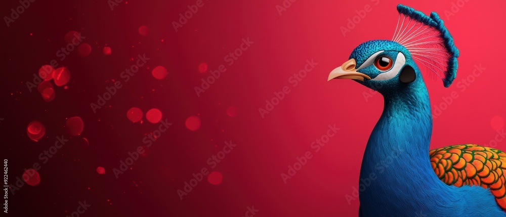 Obraz premium Majestic Cartoon Peacock with Colorful Feathers - Selective Focus Copy Space for Text in Grunge Splash Dust Background
