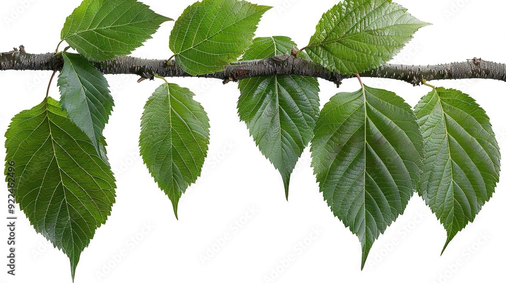 A green tree branch with leaves hanging on its side against a white sky backdrop A green tree branch with leaves hanging on its side against a white sky backdrop