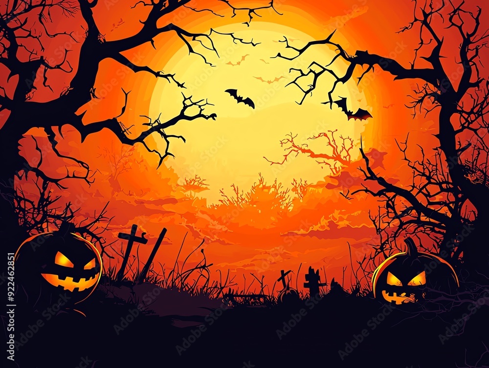 Spooky Halloween scene featuring bats, carved pumpkins, and a haunting sunset behind eerie trees and tombstones. Spooky Halloween scene featuring bats, carved pumpkins, and a haunting sunset behind eerie trees and tombstones.