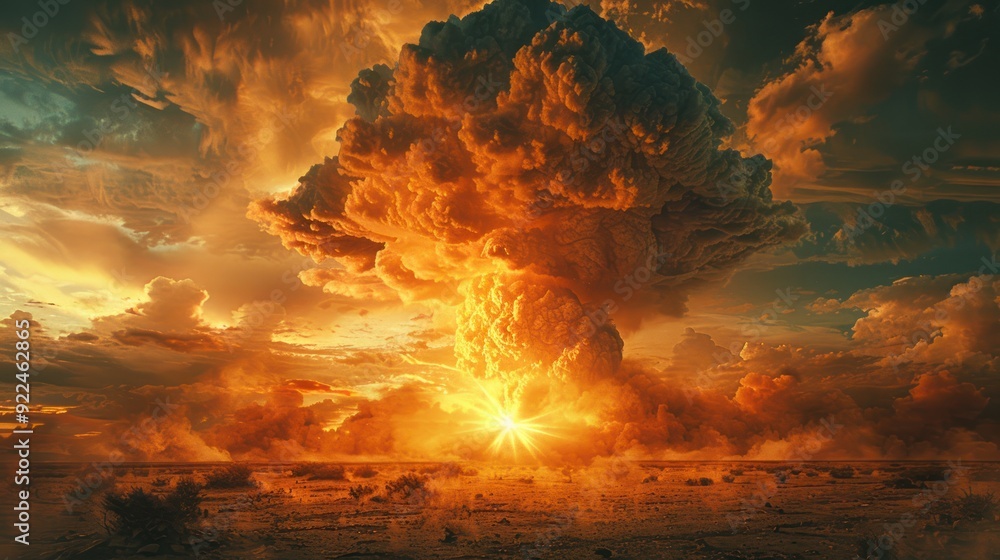 Mushroom cloud towering against a burning sky (focus on, apocalyptic scene, whimsical, Multilayer, Empty plain)