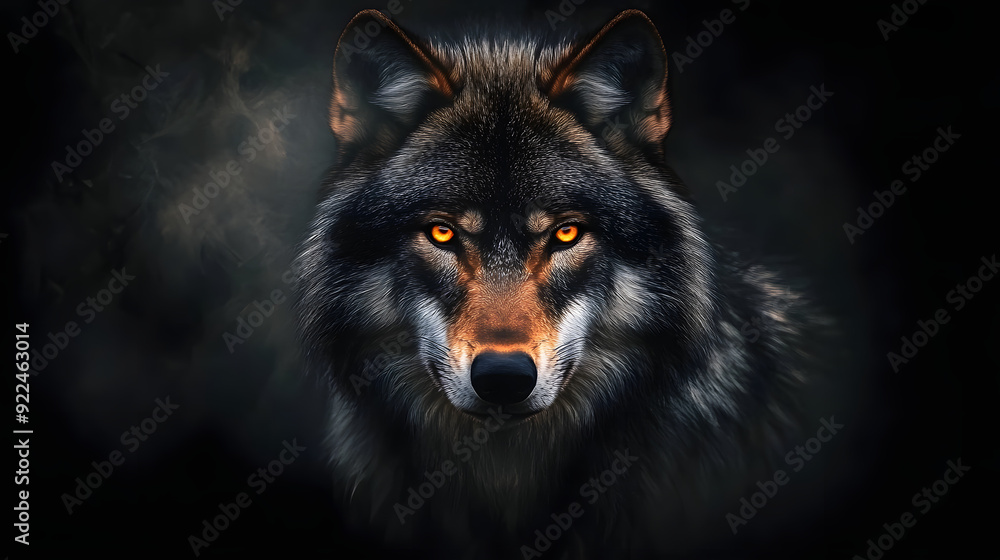 Fototapeta premium a fierce wolf with glowing orange eyes against a dark black background