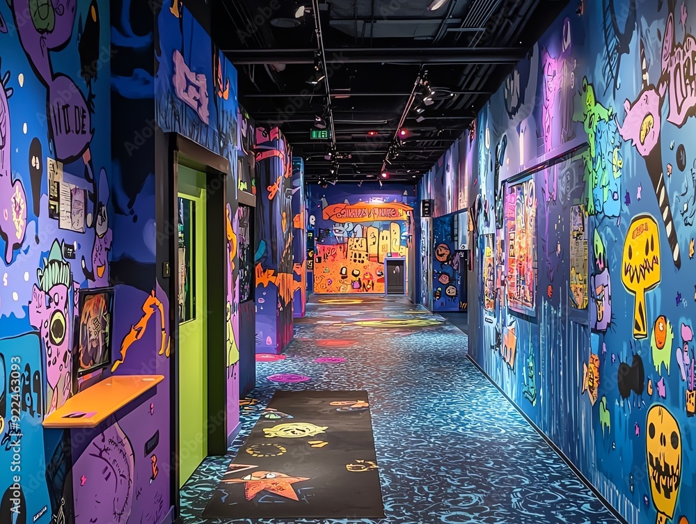 Fototapeta premium Vibrant hallway featuring colorful graffiti art and playful designs, creating an energetic and lively atmosphere.