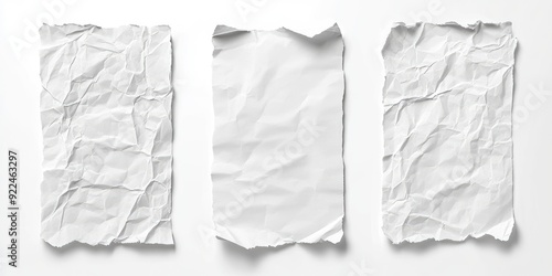 Torn Paper Rectangle. Set of Four Textured Crumpled Paper Sheets, Blank Templates, Isolated on White Background