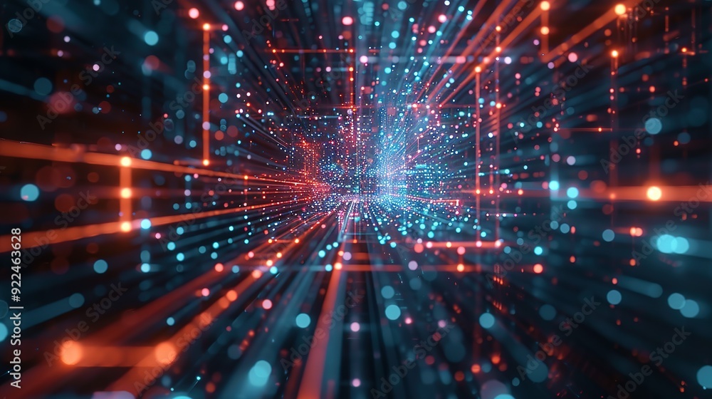 Abstract tech background featuring illuminated fiber optic connections, a quantum computing network system, and global electronic intelligence. Abstract tech background featuring illuminated fiber optic connections, a quantum computing network system, and global electronic intelligence.