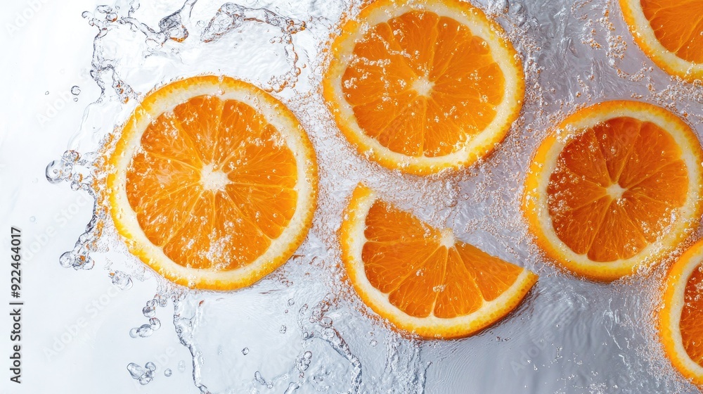 Top view of orange slices with water splashes. Copy space at the bottom for your message Top view of orange slices with water splashes. Copy space at the bottom for your message