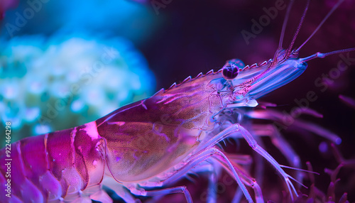 garnele, isoliert, meeresfrüchte, unter, wasser, neu, close up, vibrant, glow, durchsichtig, tier, x-ray, leuchtend, lila, farbe, farben, neon, blau, vivid, kunst, design, krabbe, crustacean, schön, 1 photo