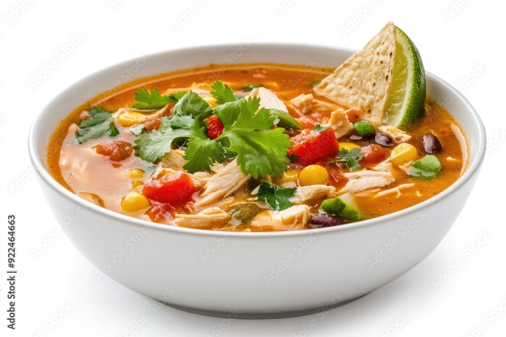 Mexican Chicken Soup. Delicious Tortilla Soup from Mexico on White Background Mexican Chicken Soup. Delicious Tortilla Soup from Mexico on White Background