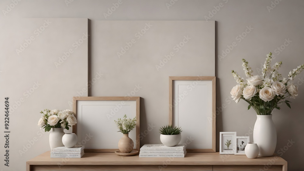 An empty modern living room with a stylish furniture set and picture frames on the wall 3d illustration template image. An empty modern living room with a stylish furniture set and picture frames on the wall 3d illustration template image.