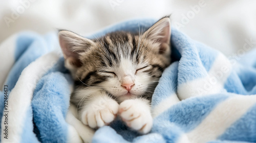 Um gatinho fofo dormindo pacificamente enrolado em um cobertor macio listrado de azul e branco, fofura photo