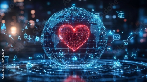 A digital heart symbol encapsulated in a glowing sphere showcasing connectivity and love in technology.